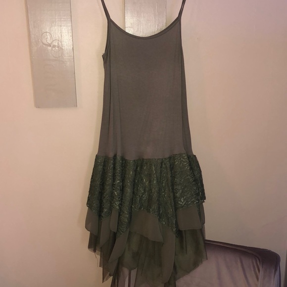Olive Lace Top; Lace Overlay and Ruffle Undertank - Picture 5 of 7